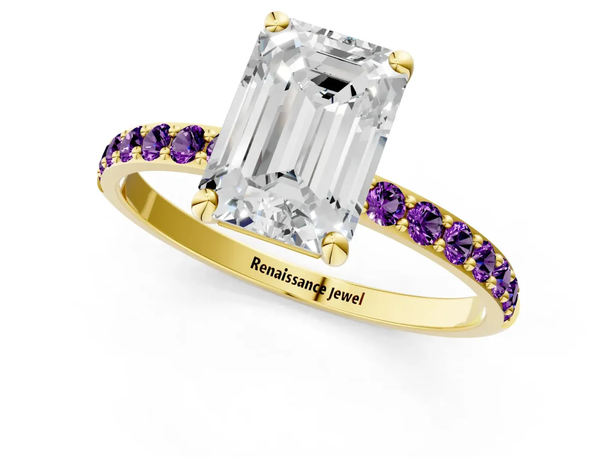 Emerald Cut Diamond Solitaire Ring with Round Amethyst Pavé Band and Prong Setting Yellow gold
