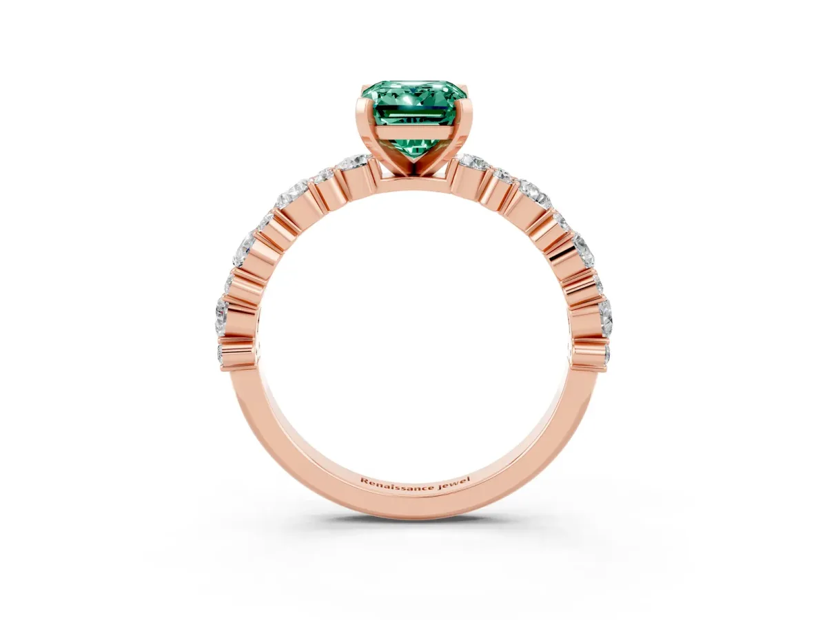 Emerald Cut Green Sapphire Side Stone Solitaire Ring with Round and Four-Prong Setting Rose gold