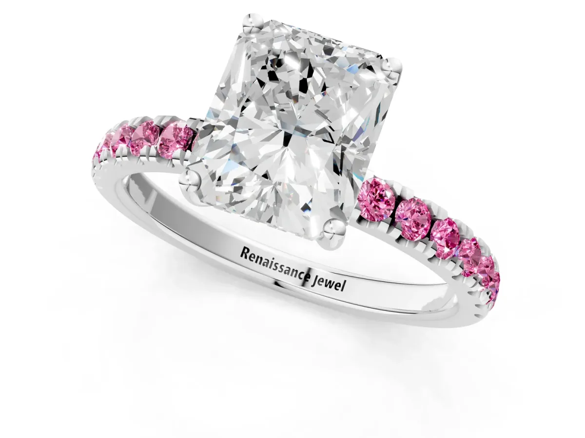 Radiant Cut Diamond Pave Band Solitaire Ring with Round Pink Sapphire and Prong Setting Platinum