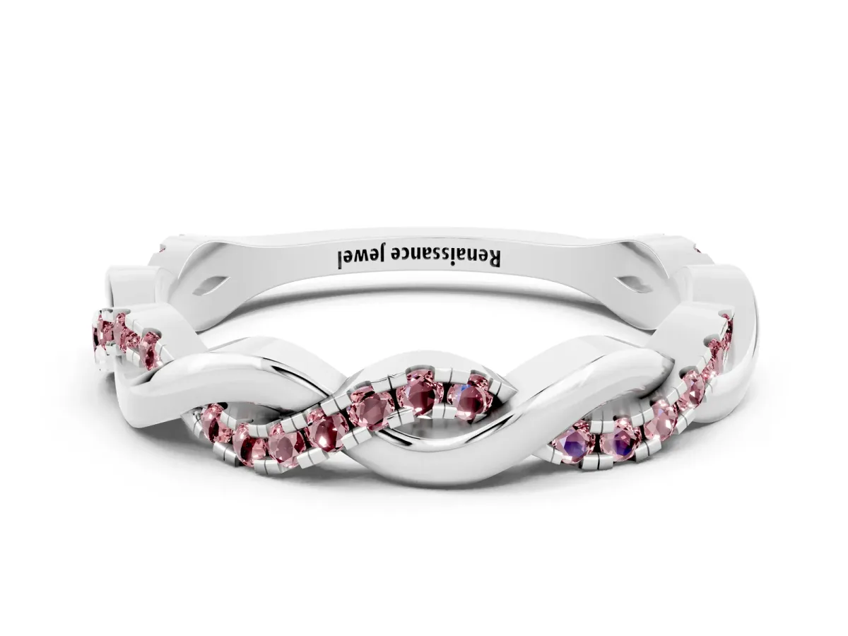 Round Morganite Twist Eternity Band with Pavé Setting White gold