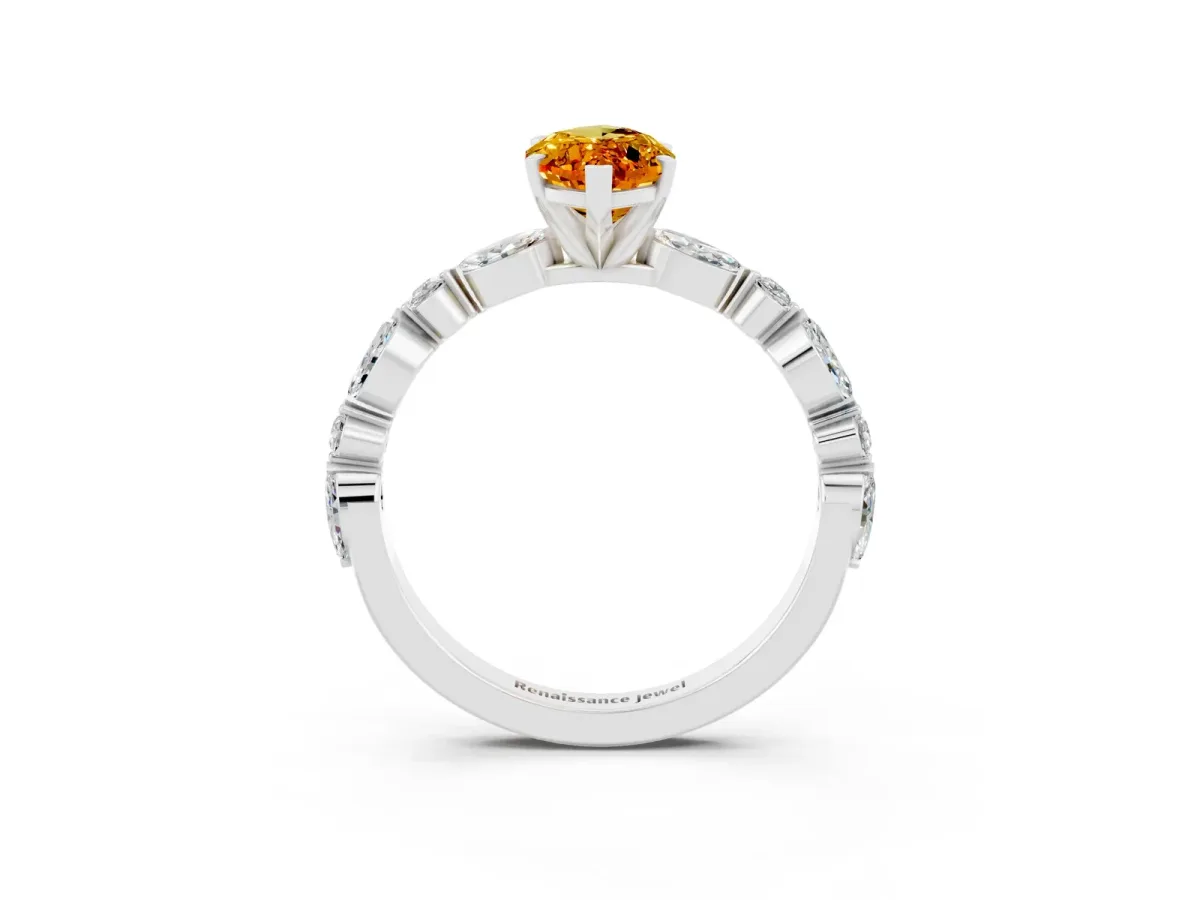 Marquise Cut Citrine Ring with Marquise and Round Side Stones and Four-Prong Setting Platinum