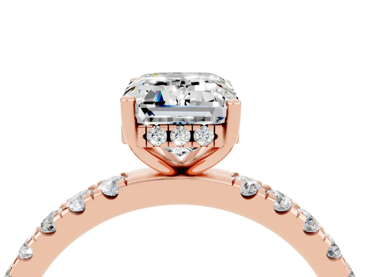 Emerald Cut Moissanite Pave Band Solitaire Ring with Round and Prong Setting Rose gold