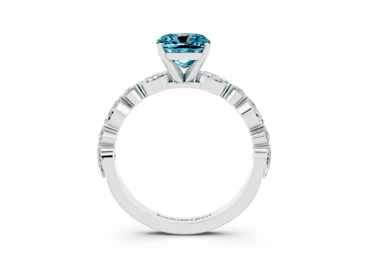 Cushion Cut Blue Topaz Ring with Marquise and Round Side Stones and Four-Prong Setting Silver
