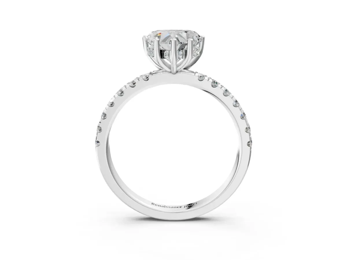 Heart Cut Diamond Pave Band Solitaire Ring with Round and Prong Setting White gold