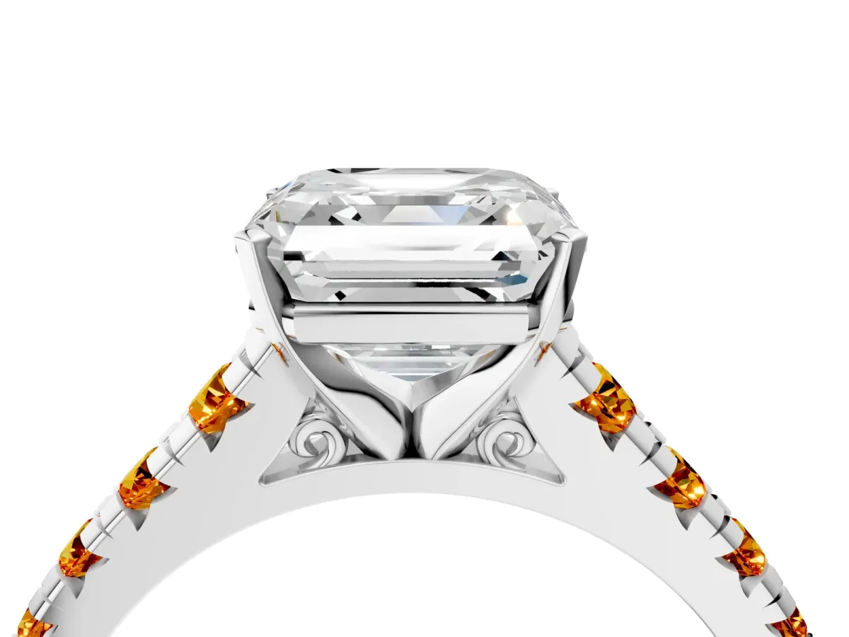 Asscher Cut Diamond Cathedral Solitaire Ring with Round Citrine Pavé Band Silver