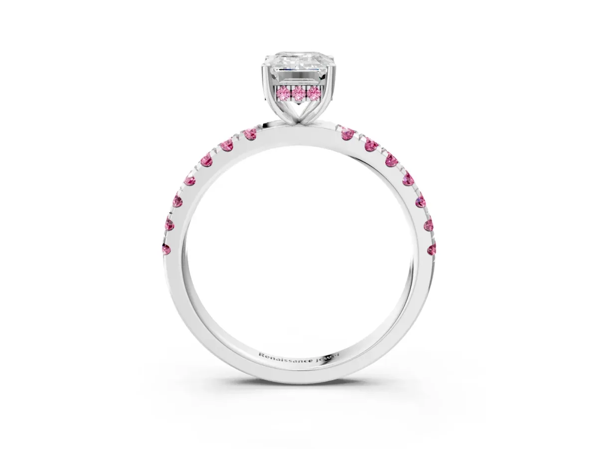 Emerald Cut Diamond Pave Band Solitaire Ring with Round Pink Sapphire and Prong Setting Platinum