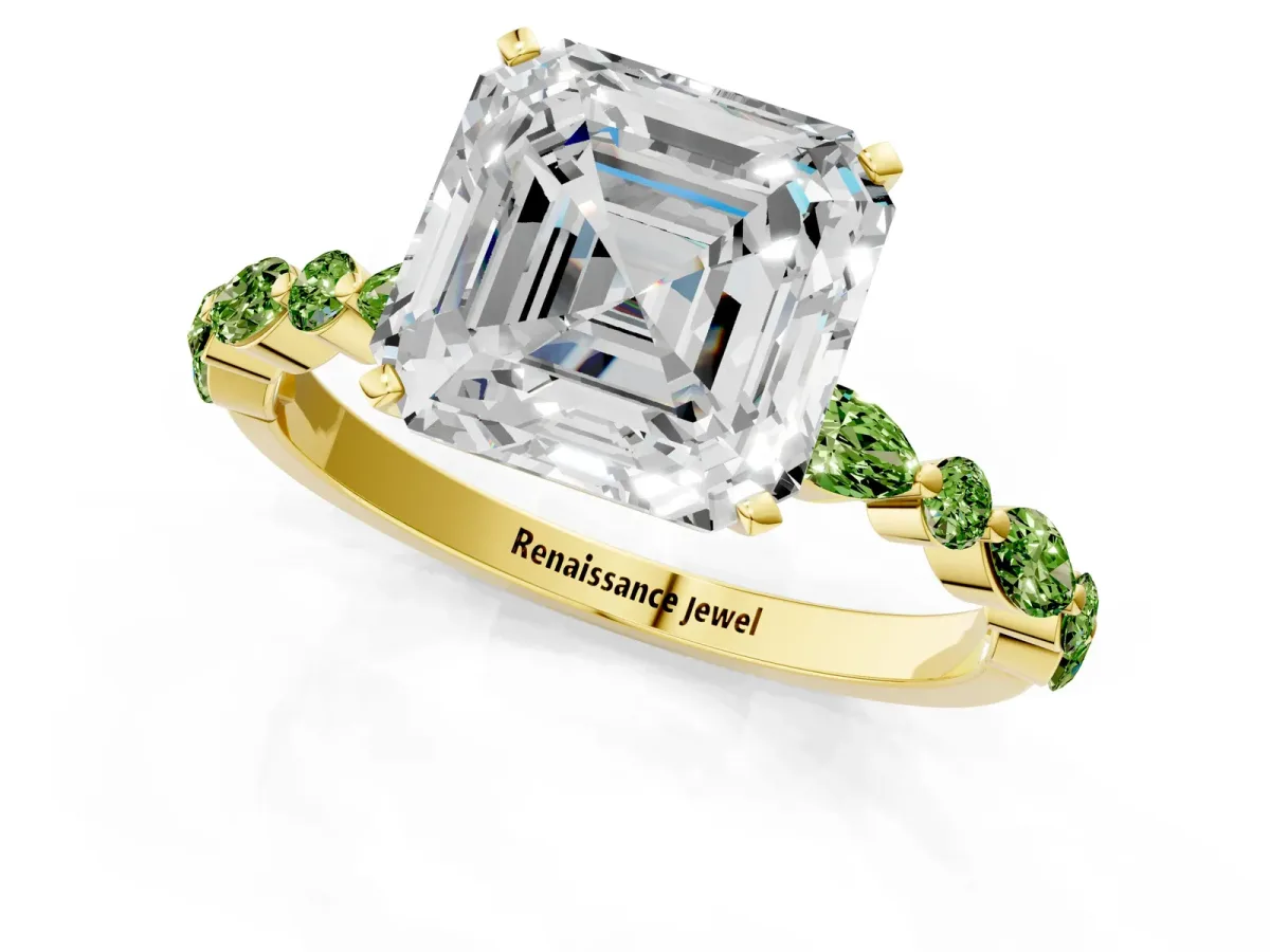 Asscher Cut Diamond Ring with Marquise and Round Peridot Side Stones and Four-Prong Setting Yellow gold