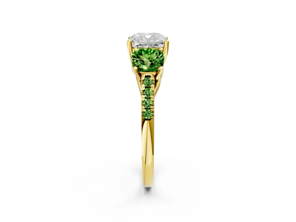 Three-Stone Cushion Cut Diamond Ring with Round Peridot Pavé Band and Prong Setting Yellow gold