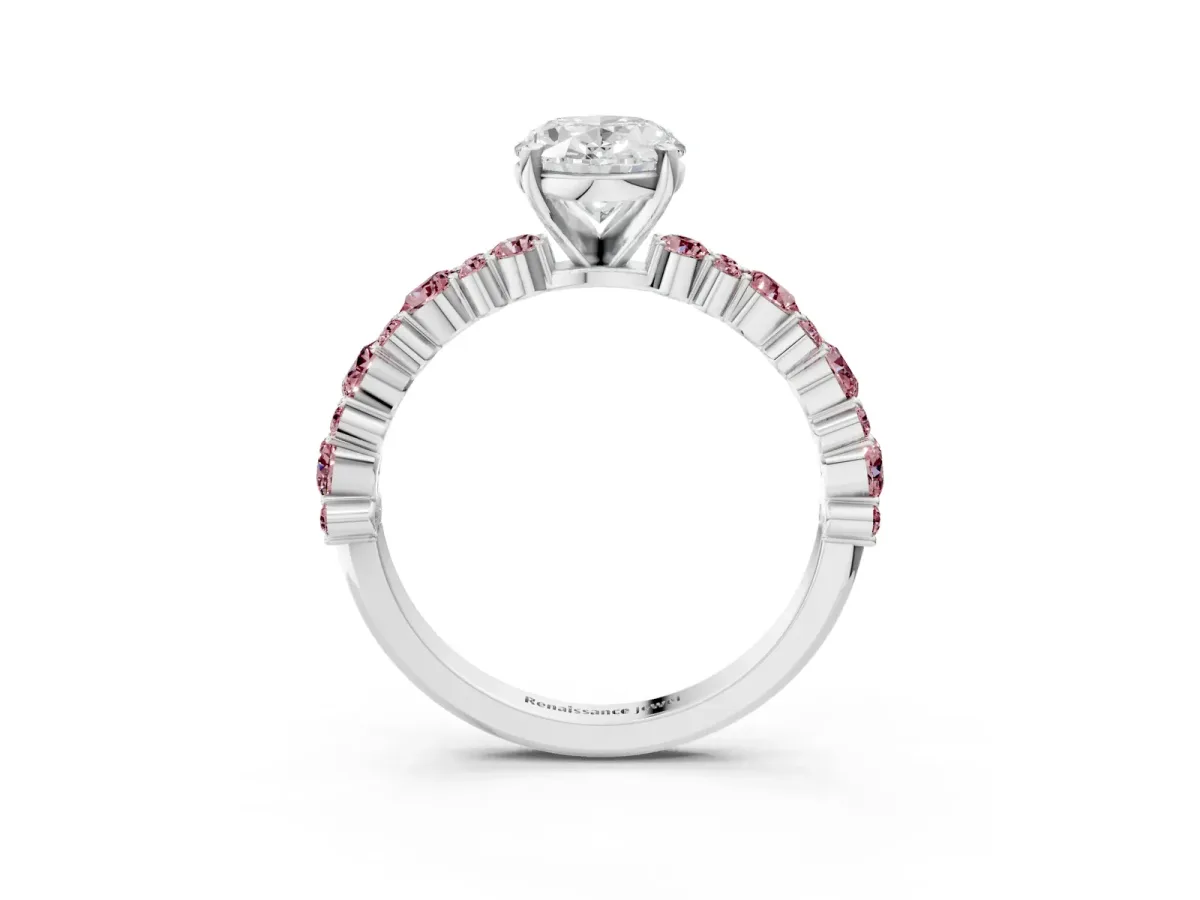 Oval Cut Diamond Side Stone Solitaire Ring with Round Morganite and Four-Prong Setting Platinum