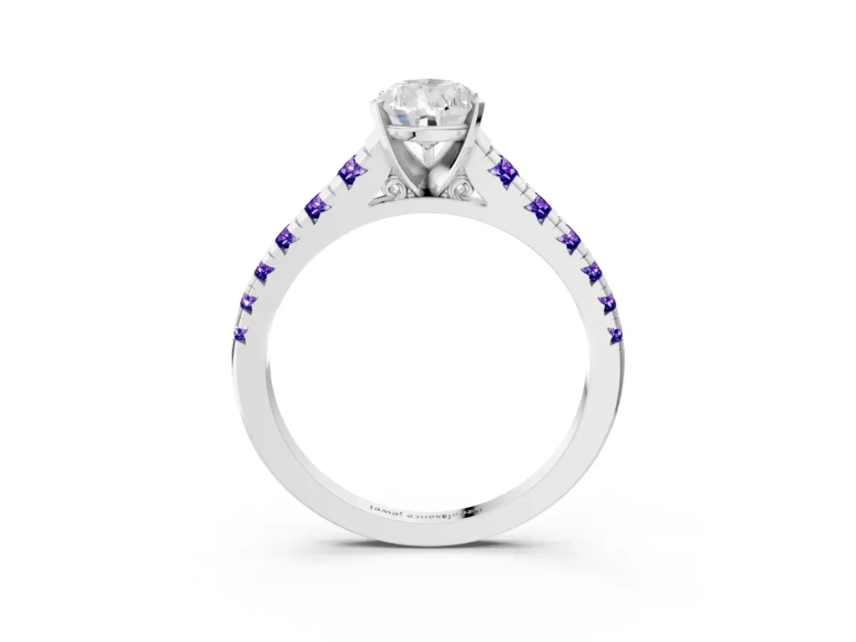Pear Cut Diamond Cathedral Solitaire Ring with Round Tanzanite Pavé Band Platinum