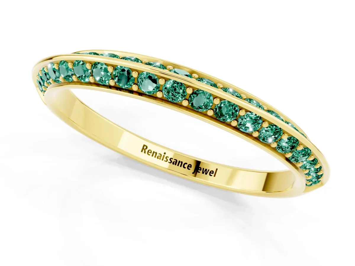 Double Row Pavé Round Green Sapphire Eternity Band with Channel Setting Yellow gold