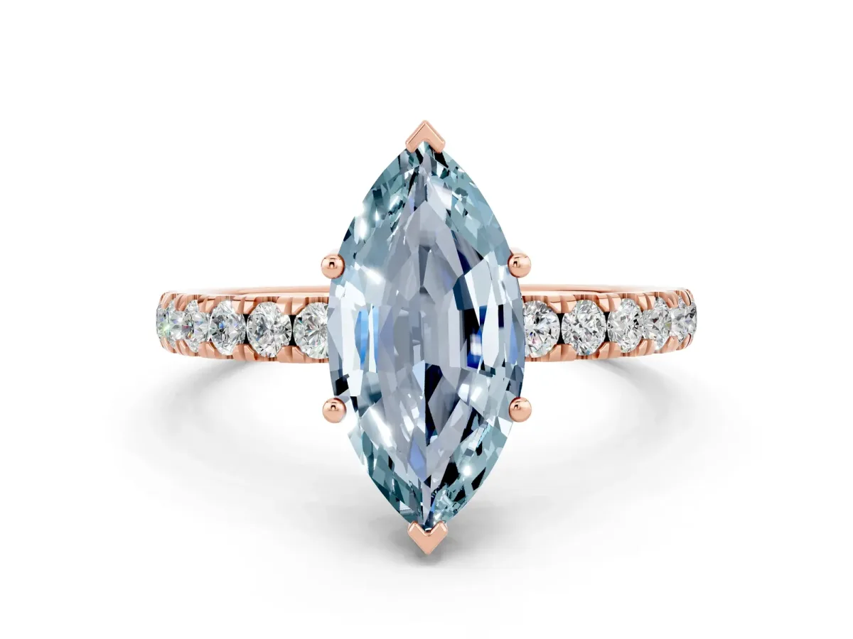 Marquise Cut Aquamarine Pave Band Solitaire Ring with Round and Prong Setting Rose gold