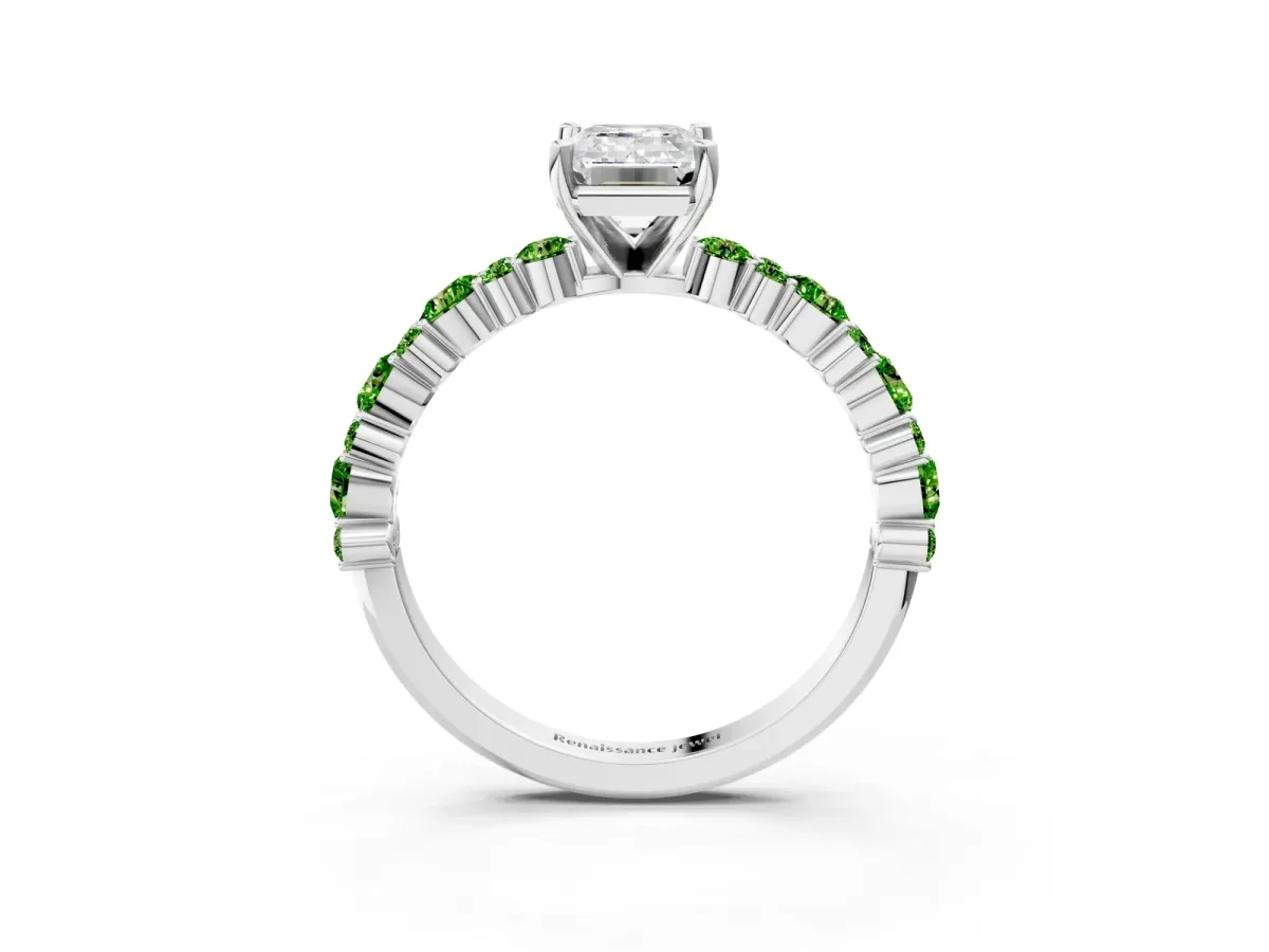 Emerald Cut Diamond Side Stone Solitaire Ring with Round Peridot and Four-Prong Setting Silver