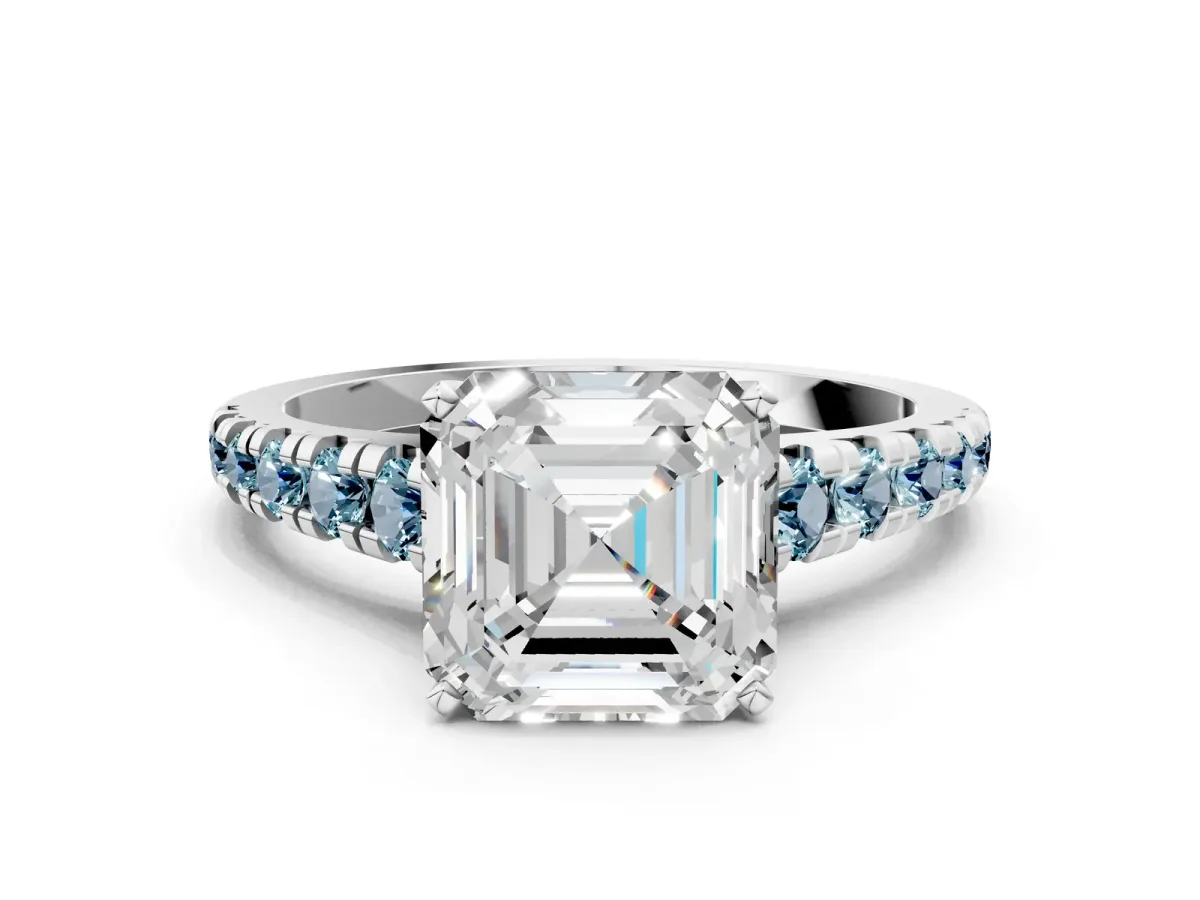 Asscher Cut Diamond Cathedral Solitaire Ring with Round Aquamarine Pavé Band Silver
