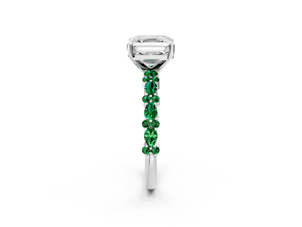 Asscher Cut Diamond Side Stone Solitaire Ring with Round Emerald and Four-Prong Setting Platinum