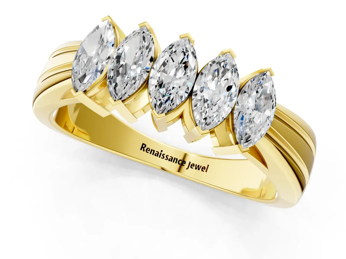 Five-Stone Marquise Diamond Split Shank Ring with Shared Prong Setting Yellow gold