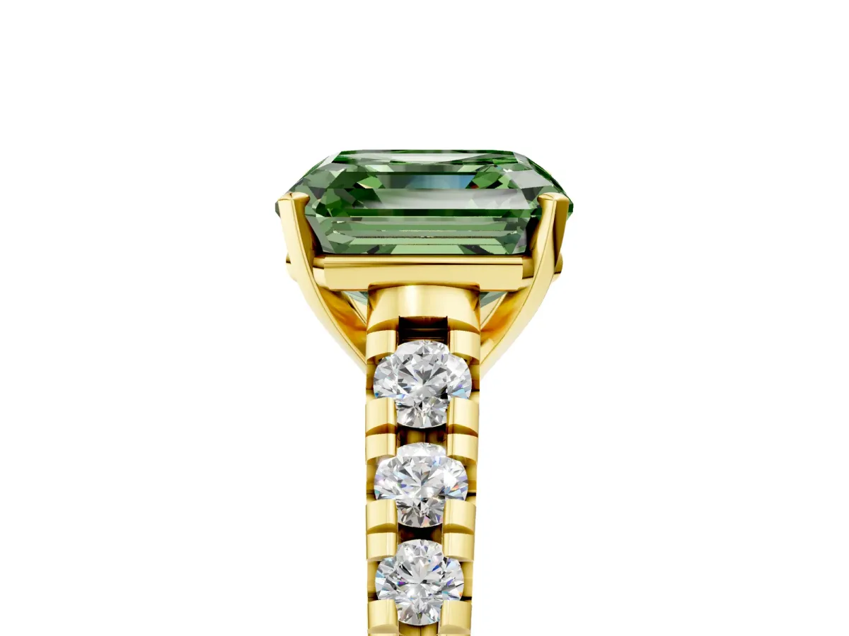 Fancy Green Asscher Cut Diamond Cathedral Solitaire Ring with Round Pavé Band Yellow gold