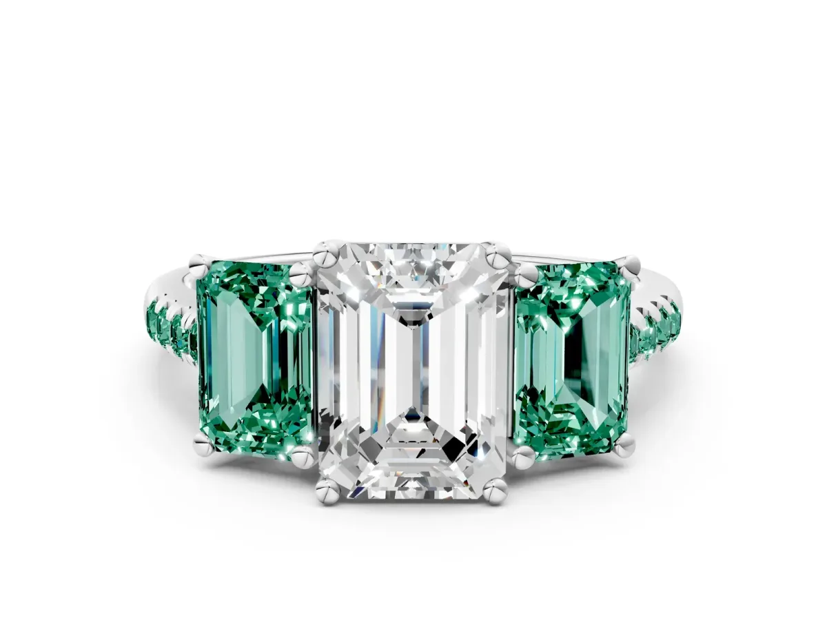 Three-Stone Emerald Cut Diamond Ring with Round Green Sapphire Pavé Band and Prong Setting Silver
