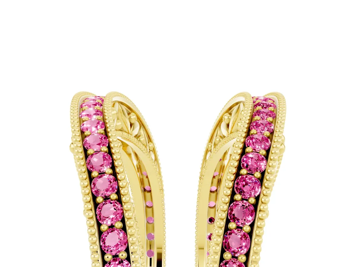 Round Pink Sapphire Milgrain Eternity Band with Channel Setting Yellow gold