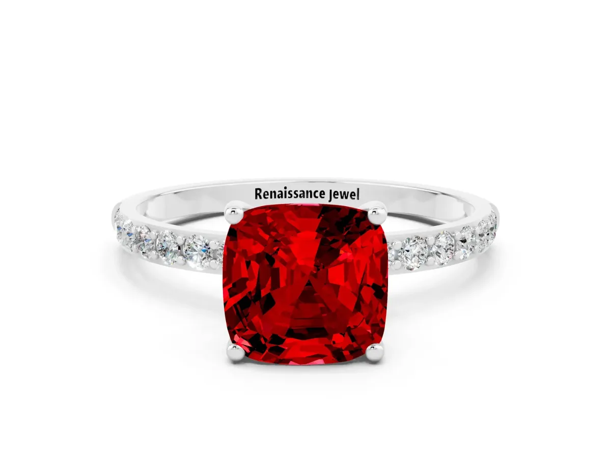 Cushion Cut Ruby Solitaire Ring with Round Pavé Band and Prong Setting White gold
