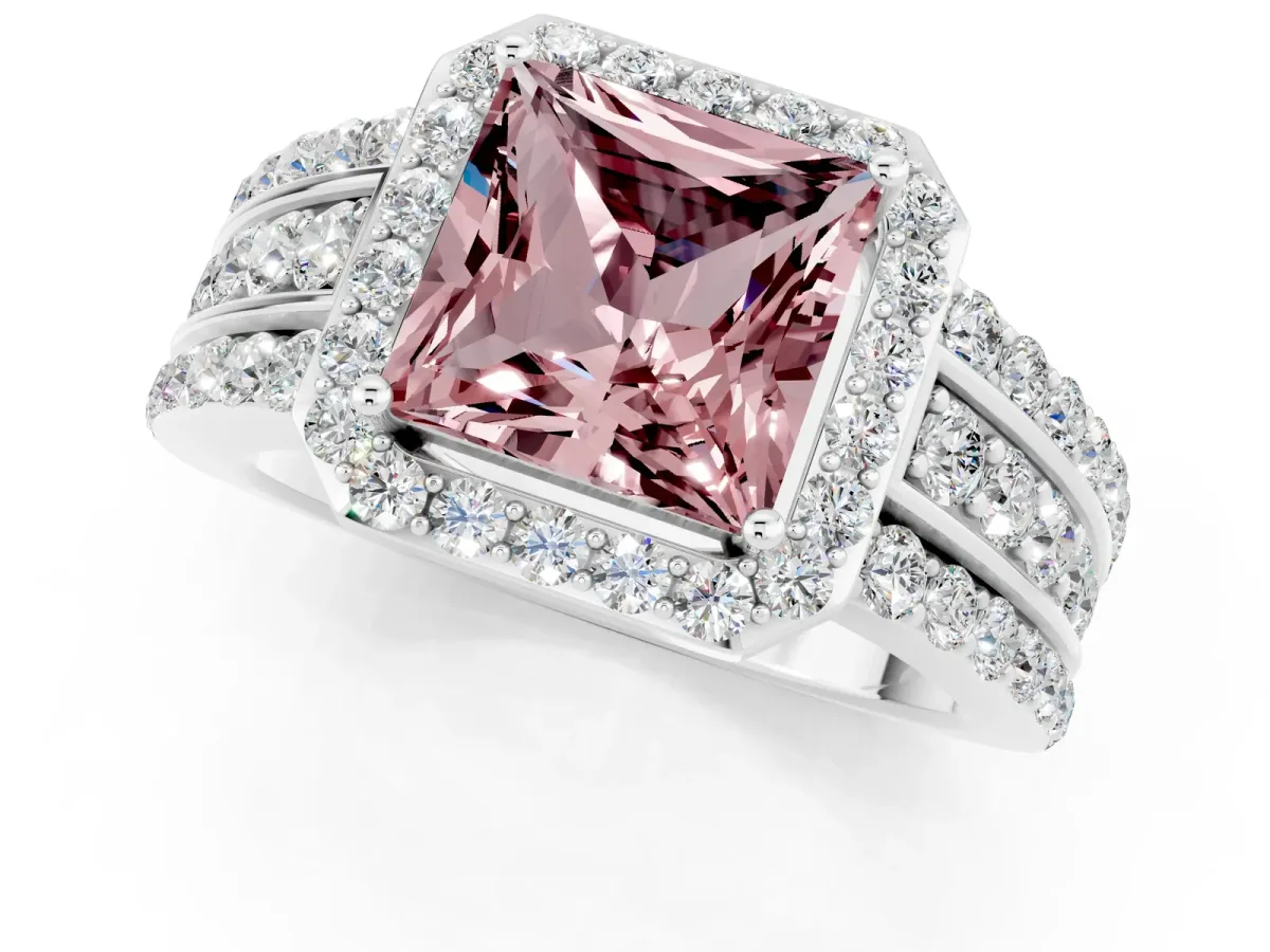 Princess Cut Halo Morganite Ring with Round Split Shank and Prong Setting Silver