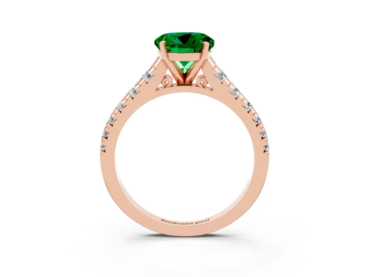 Round Cut Emerald Cathedral Solitaire Ring with Round Pavé Band Rose gold
