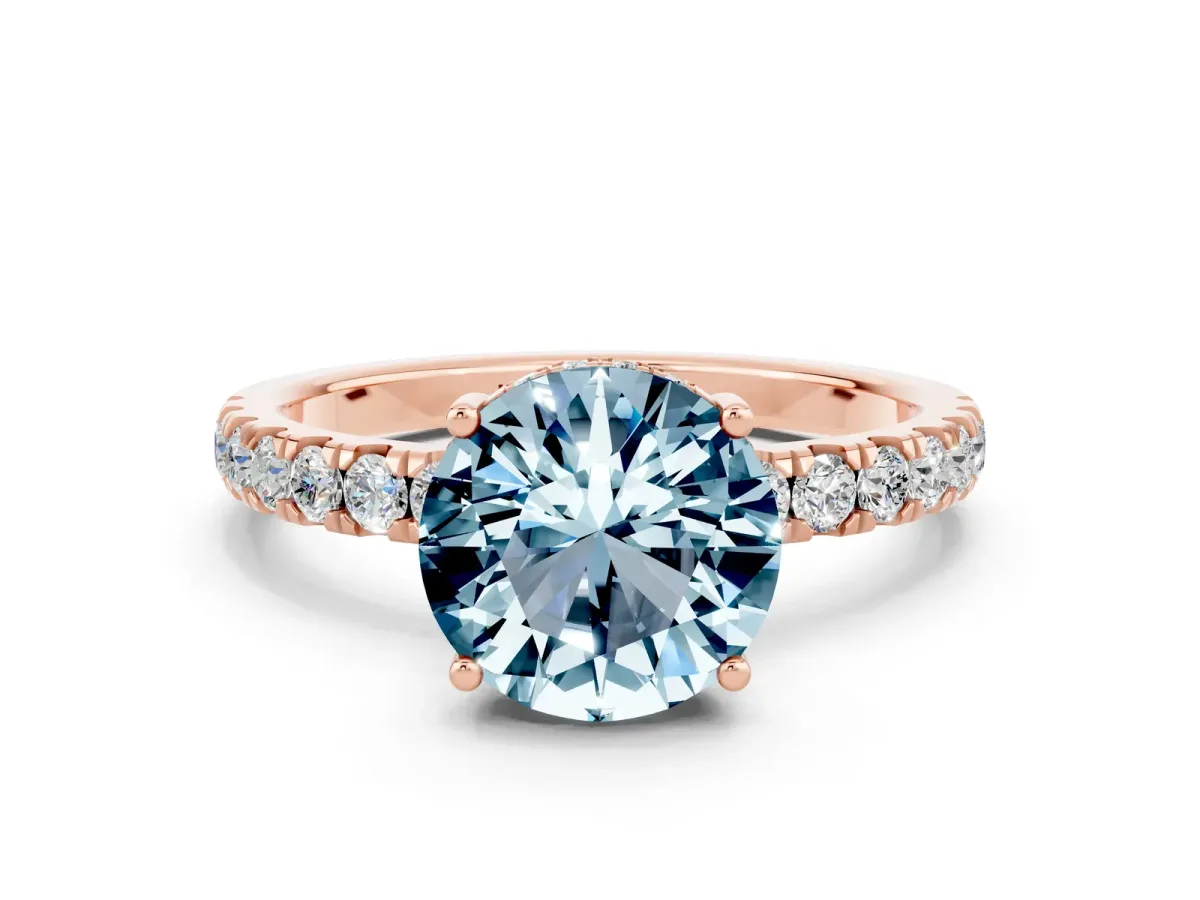 Round Cut Aquamarine Pave Band Solitaire Ring with Round and Prong Setting Rose gold