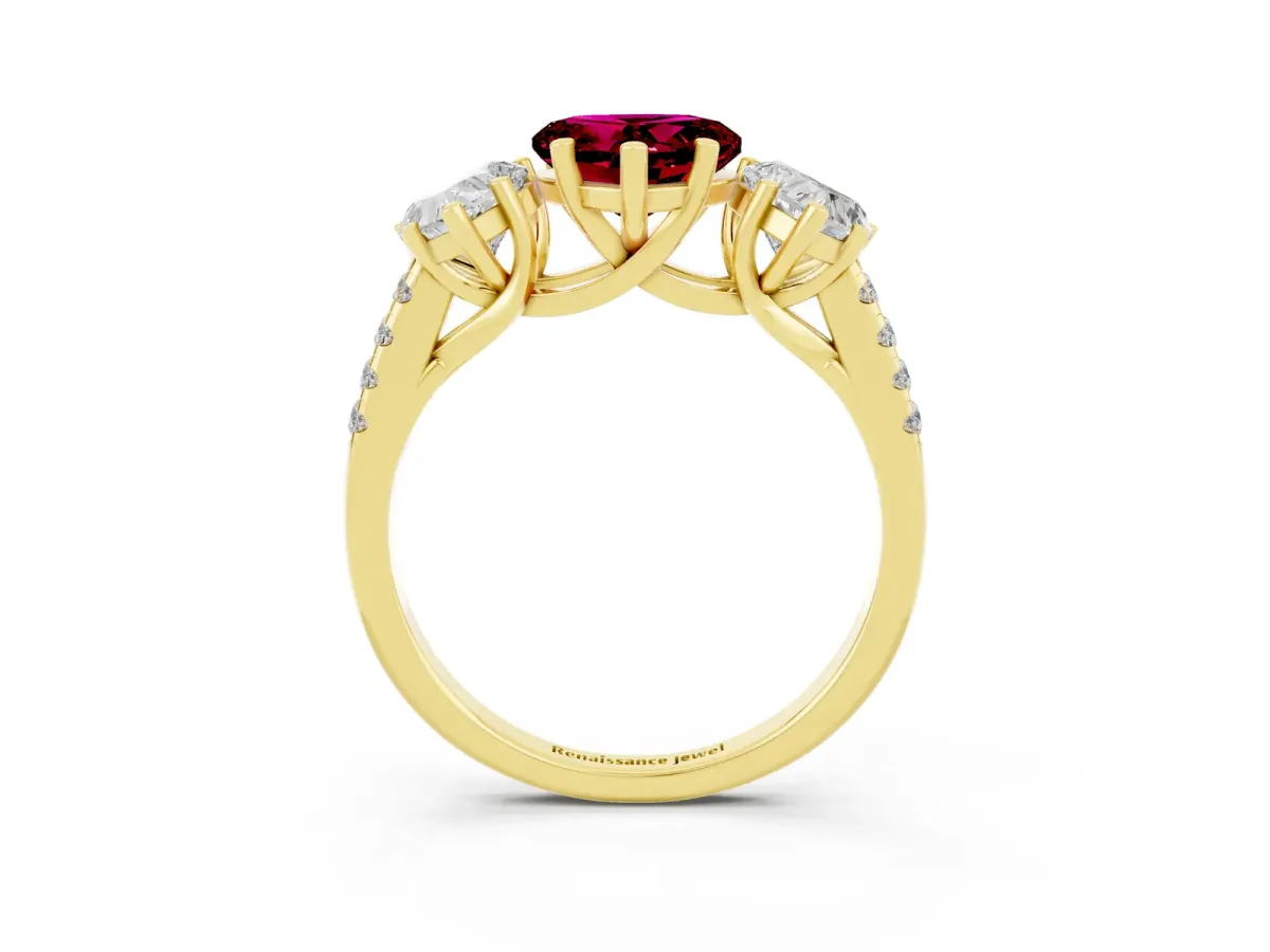 Three-Stone Heart Cut Garnet Ring with Round Pavé Band and Prong Setting Yellow gold