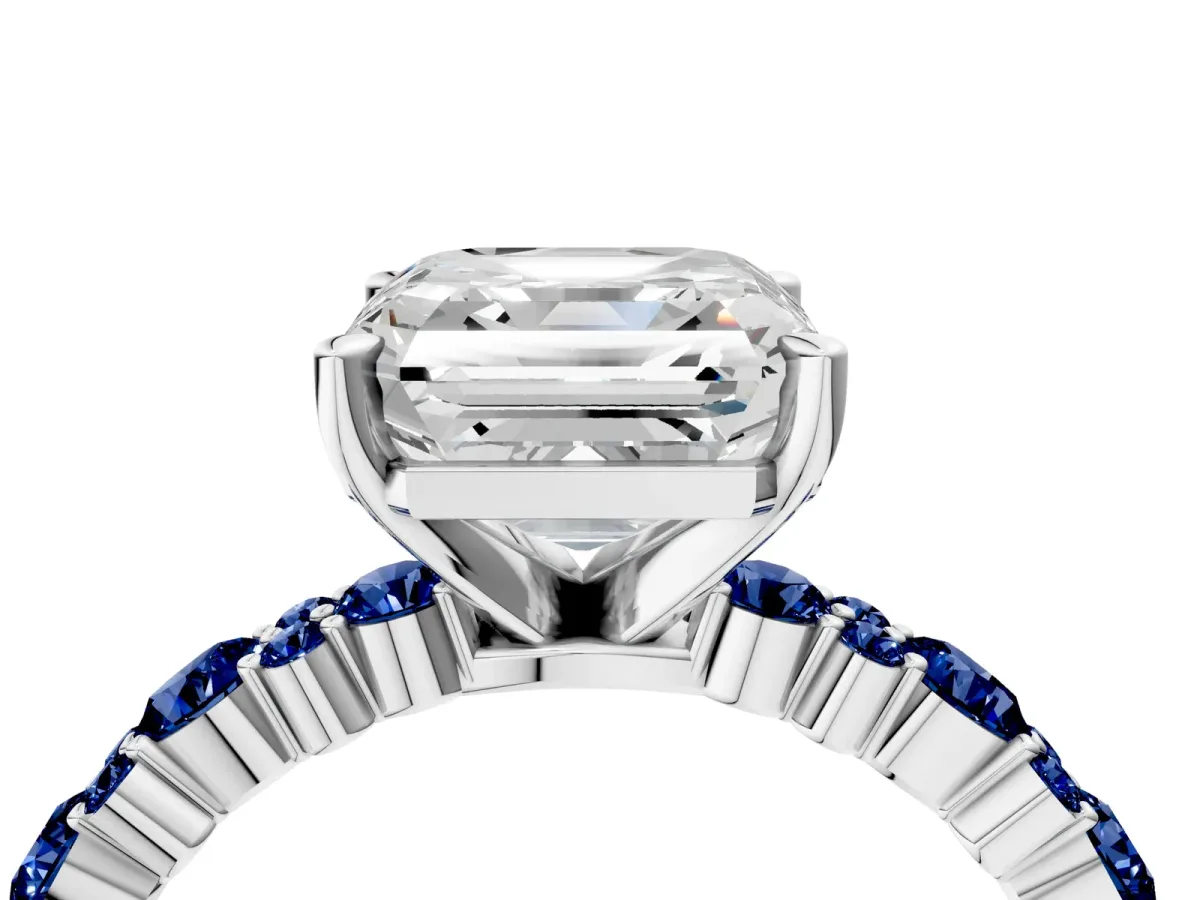 Asscher Cut Diamond Side Stone Solitaire Ring with Round Blue Sapphire and Four-Prong Setting Platinum