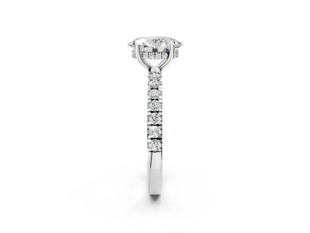Oval Cut Diamond Pave Band Solitaire Ring with Round Moissanite and Prong Setting Silver