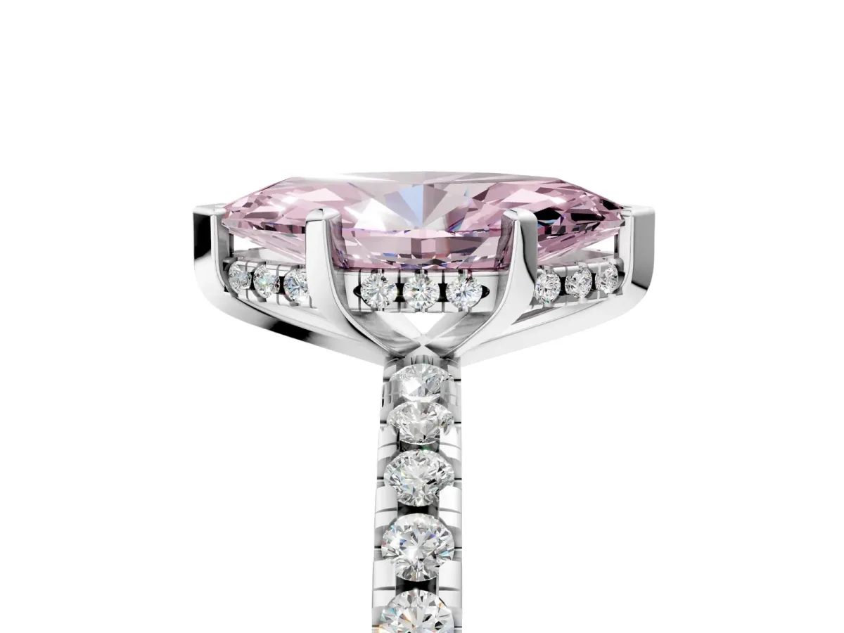Fancy Pink Marquise Cut Diamond Solitaire Ring with Round Pavé Band and Four-Prong Setting Silver