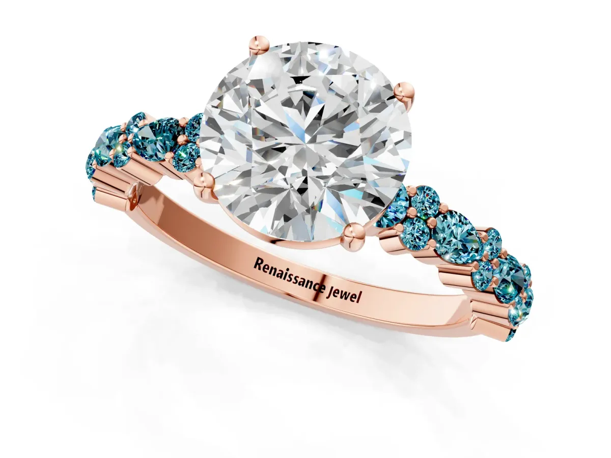 Round Cut Diamond Side Stone Solitaire Ring with Round Blue Topaz and Four-Prong Setting Rose gold