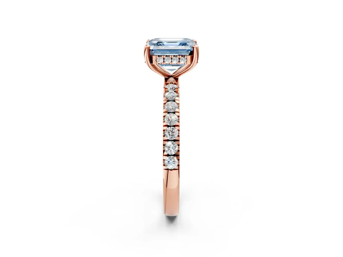 Fancy Blue Asscher Cut Diamond Pave Band Solitaire Ring with Round and Prong Setting Rose gold