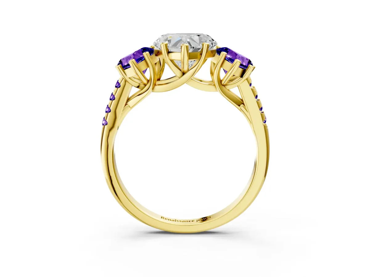 Three-Stone Heart Cut Diamond Ring with Round Tanzanite Pavé Band and Prong Setting Yellow gold