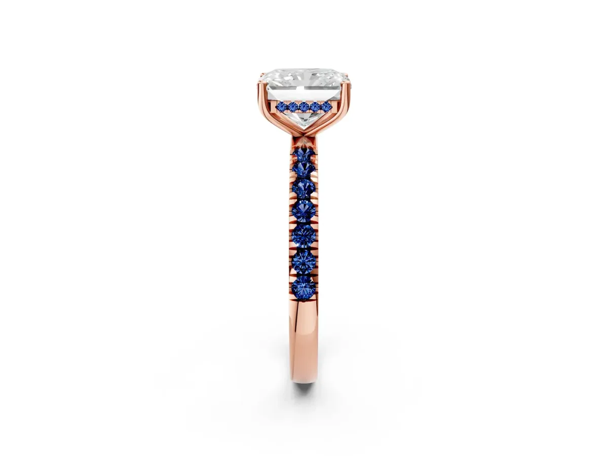 Radiant Cut Diamond Pave Band Solitaire Ring with Round Blue Sapphire and Prong Setting Rose gold