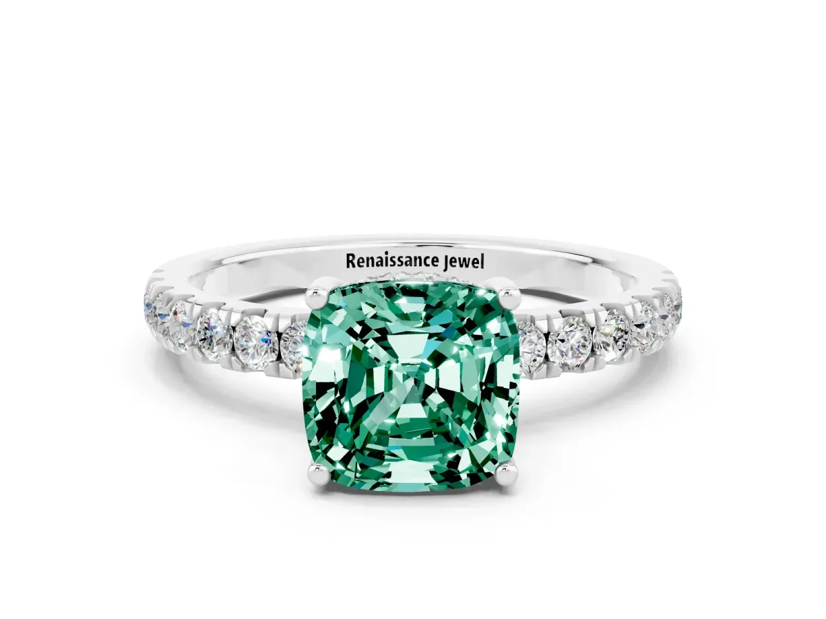 Cushion Cut Green Sapphire Pave Band Solitaire Ring with Round and Prong Setting Silver