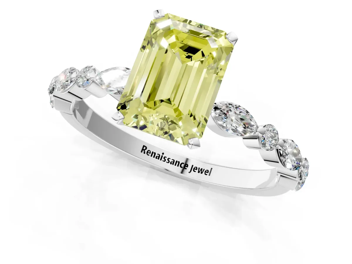 Fancy Yellow Emerald Cut Diamond Ring with Marquise and Round Side Stones and Four-Prong Setting Silver