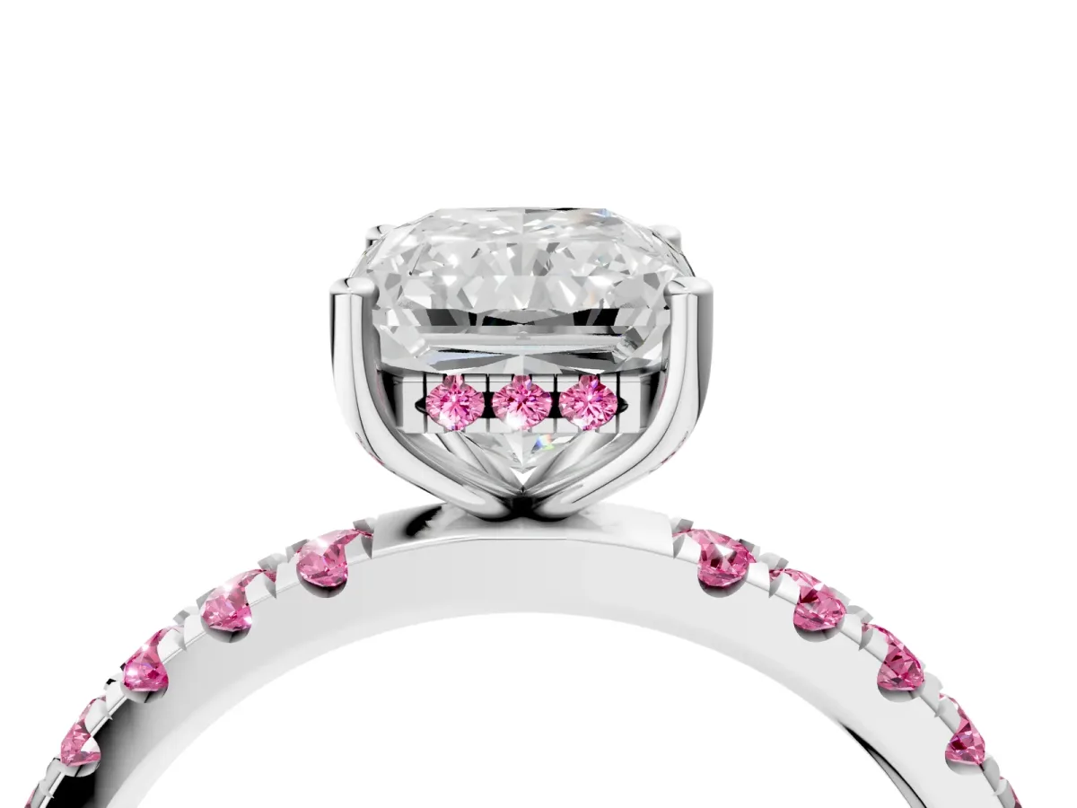 Radiant Cut Diamond Pave Band Solitaire Ring with Round Pink Sapphire and Prong Setting Platinum