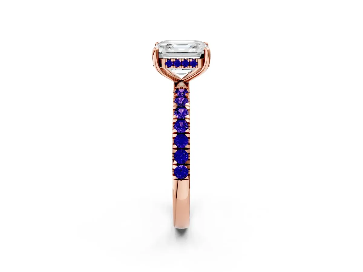 Asscher Cut Diamond Pave Band Solitaire Ring with Round Tanzanite and Prong Setting Rose gold