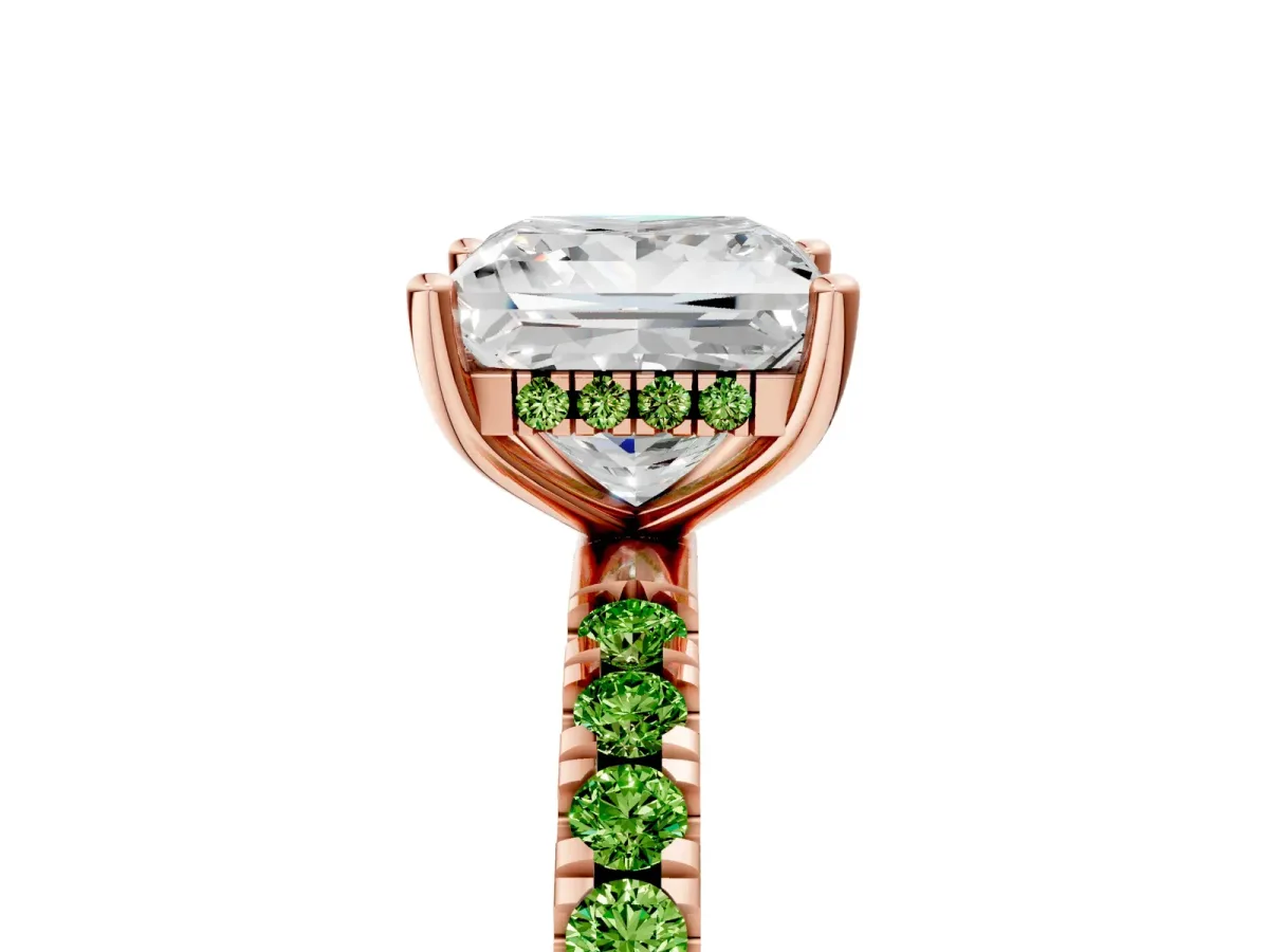 Princess Cut Diamond Pave Band Solitaire Ring with Round Peridot and Prong Setting Rose gold