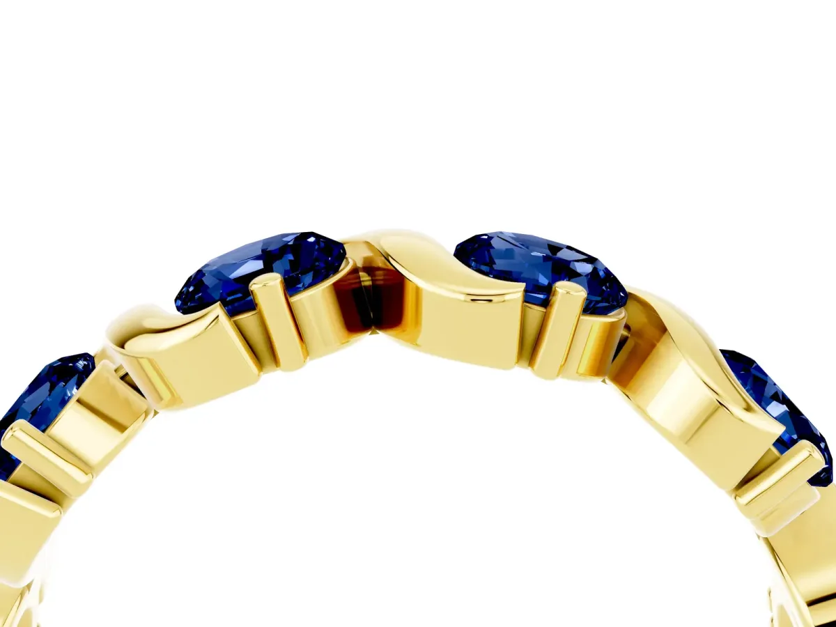 Round Blue Sapphire Half Eternity Band with Wave Prong Setting Yellow gold