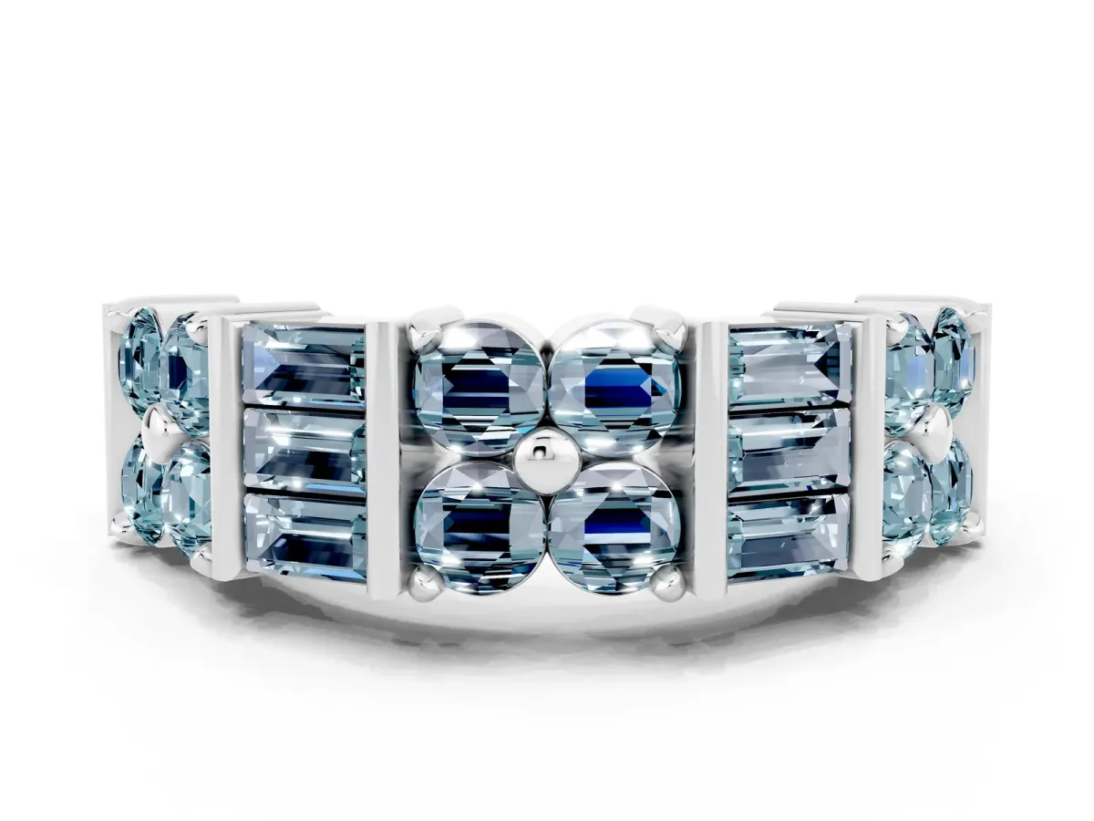 Channel Set Round and Baguette Aquamarine Anniversary Band with Prong Setting Silver