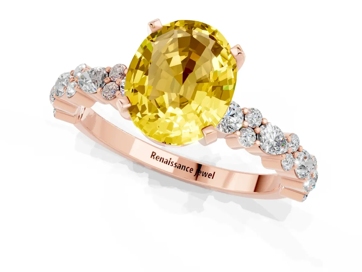 Oval Cut Yellow Sapphire Side Stone Solitaire Ring with Round and Four-Prong Setting Rose gold