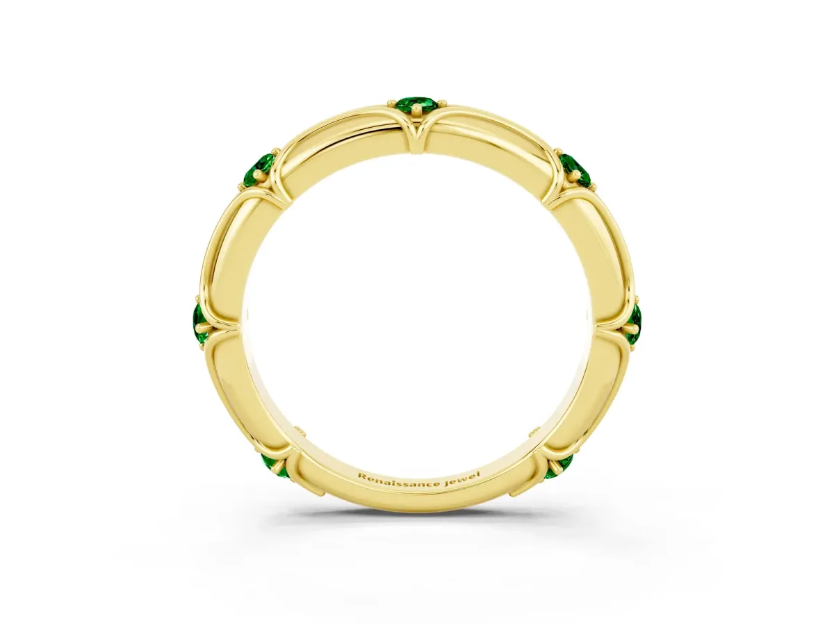 Round Emerald Prong Set Milgrain Eternity Band Yellow gold