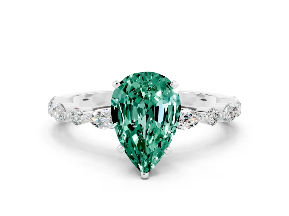 Pear Cut Green Sapphire Ring with Marquise and Round Side Stones and Four-Prong Setting Platinum