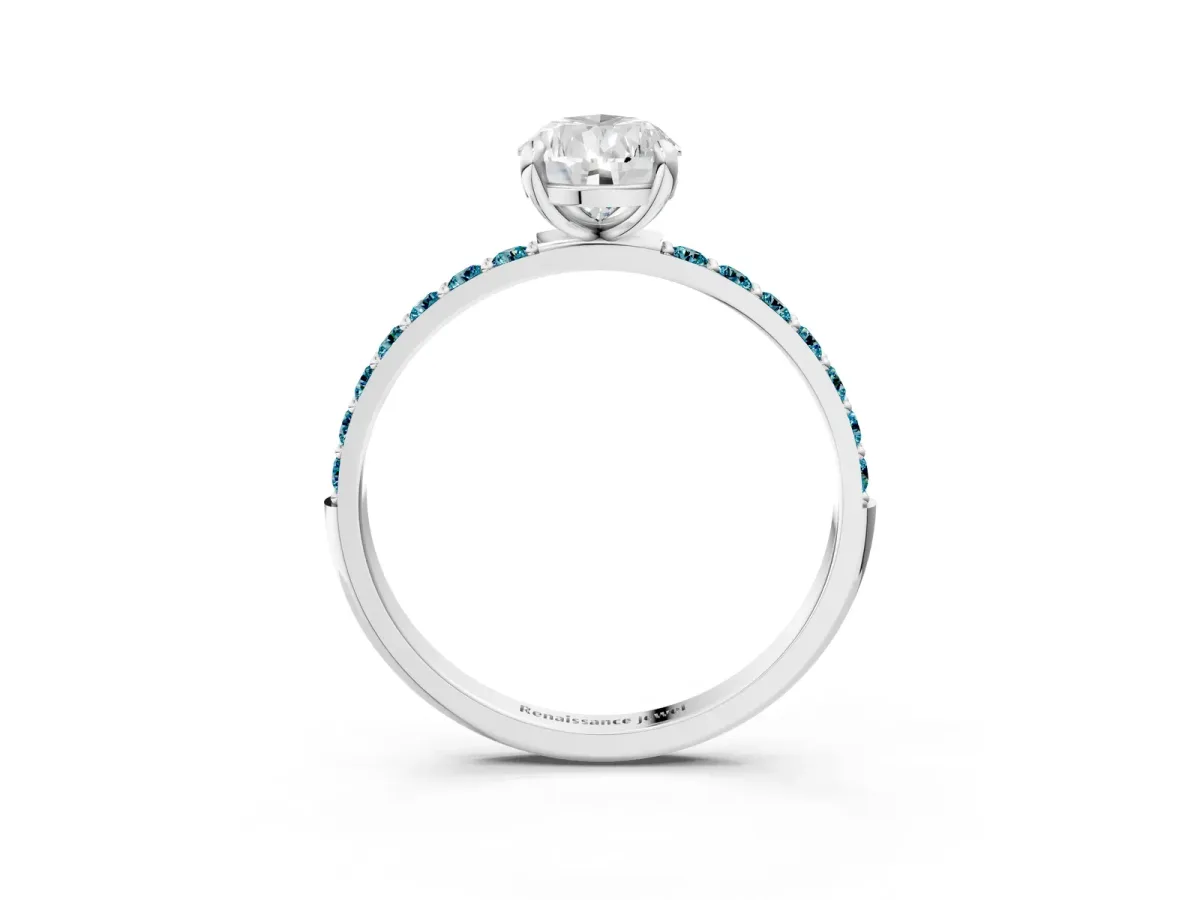 Pear Cut Diamond Solitaire Ring with Round Blue Topaz Pavé Band and Prong Setting Platinum
