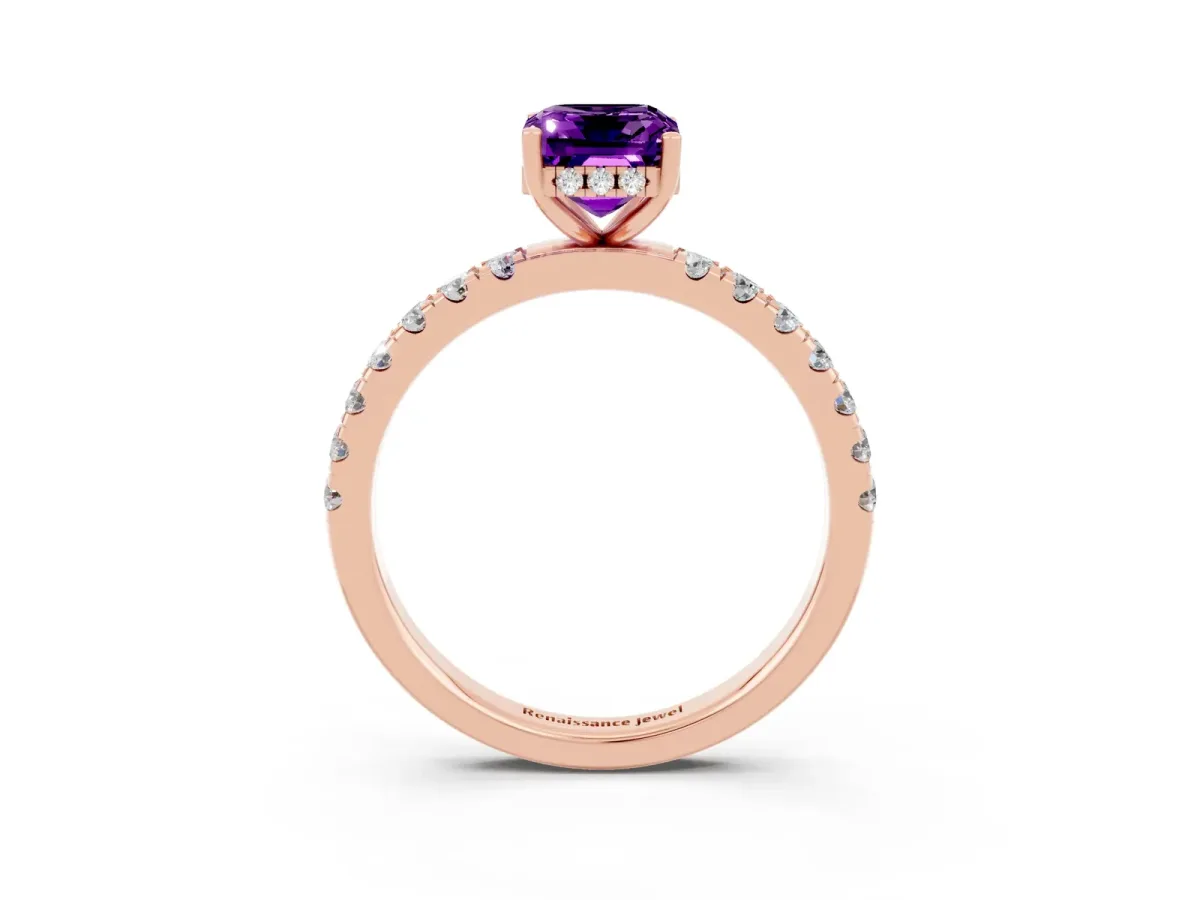 Emerald Cut Amethyst Pave Band Solitaire Ring with Round and Prong Setting Rose gold