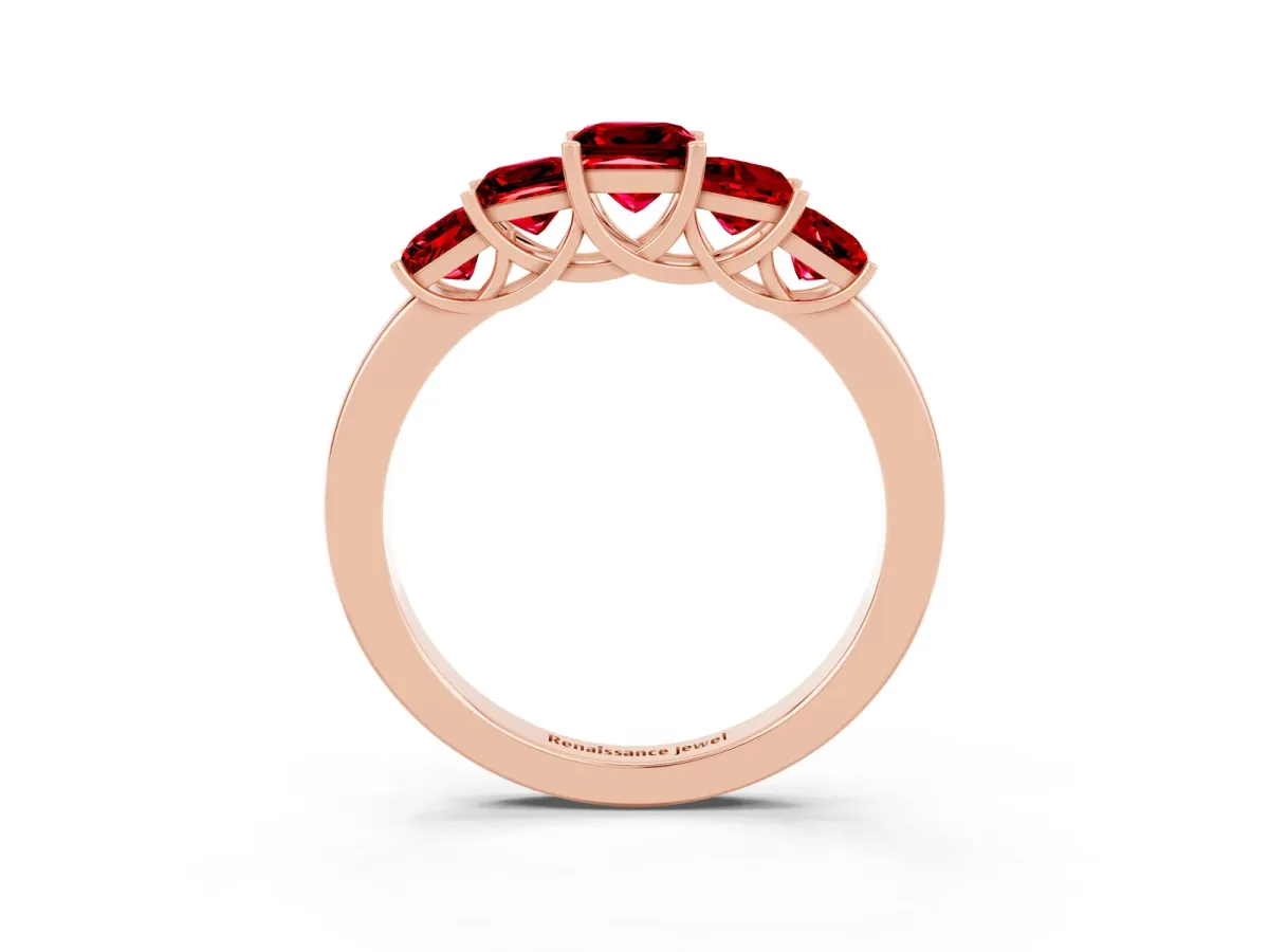 Princess Cut Five-Stone Ruby Ring with Classic Prong Setting Rose gold