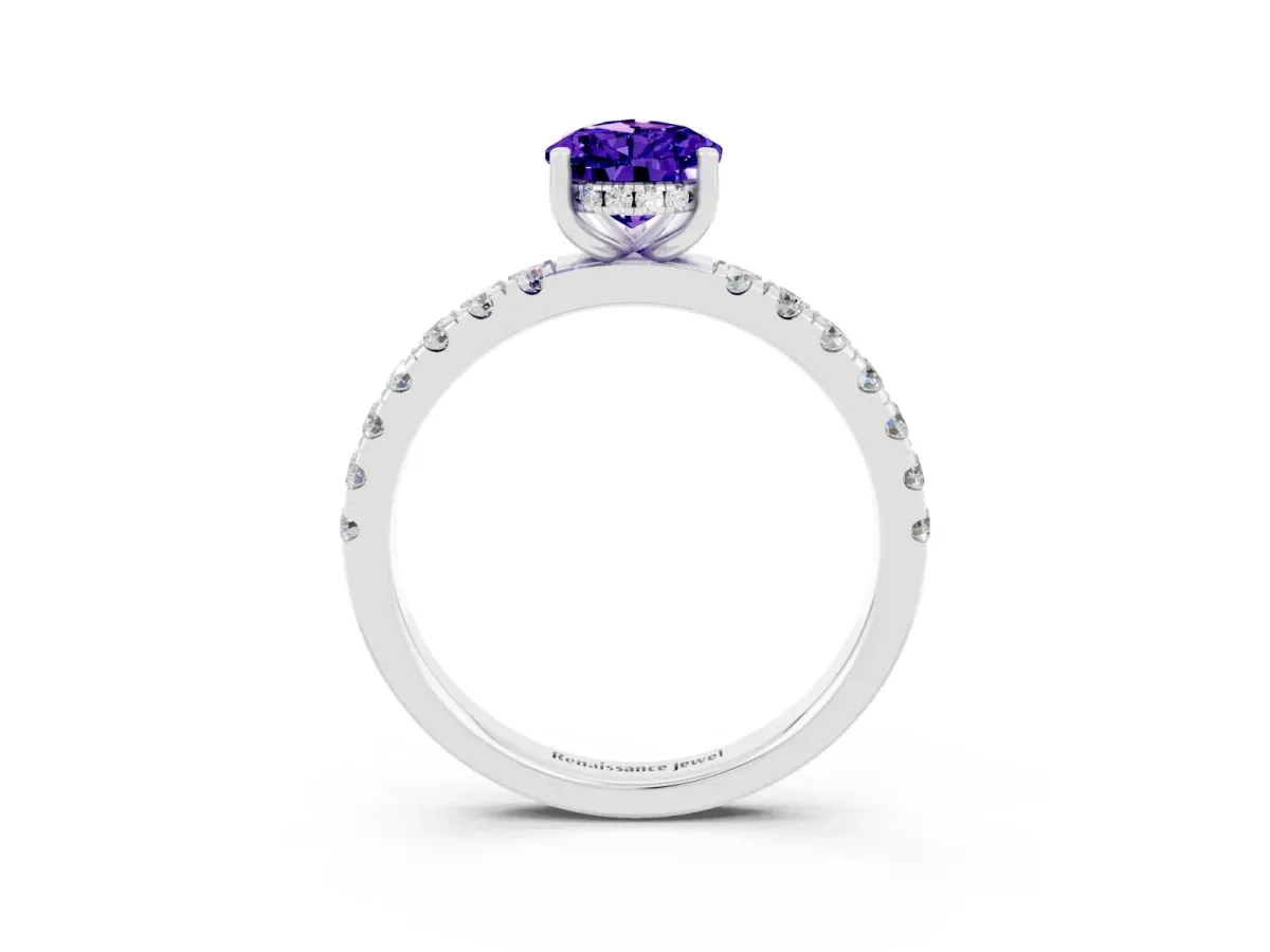 Pear Cut Tanzanite Pave Band Solitaire Ring with Round and Prong Setting Platinum