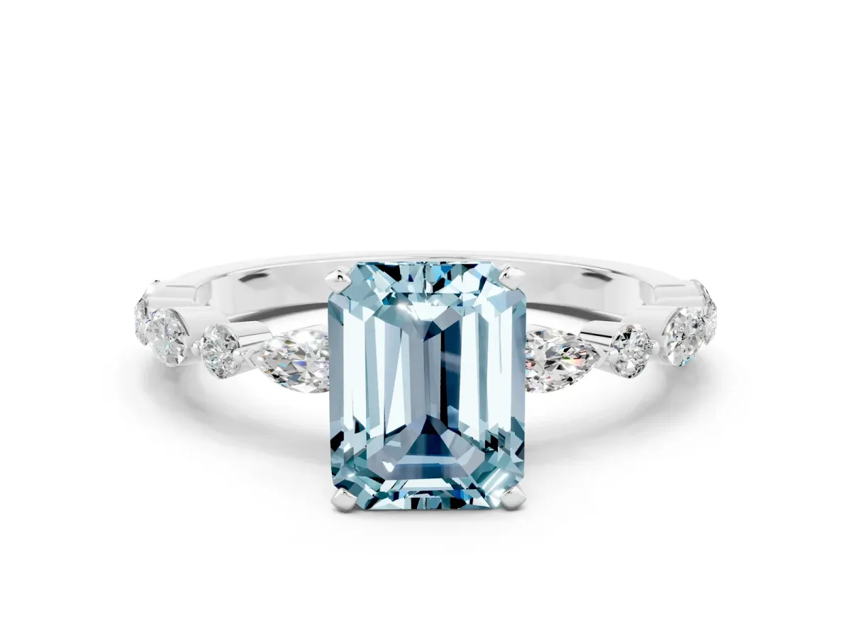 Emerald Cut Aquamarine Ring with Marquise and Round Side Stones and Four-Prong Setting Platinum